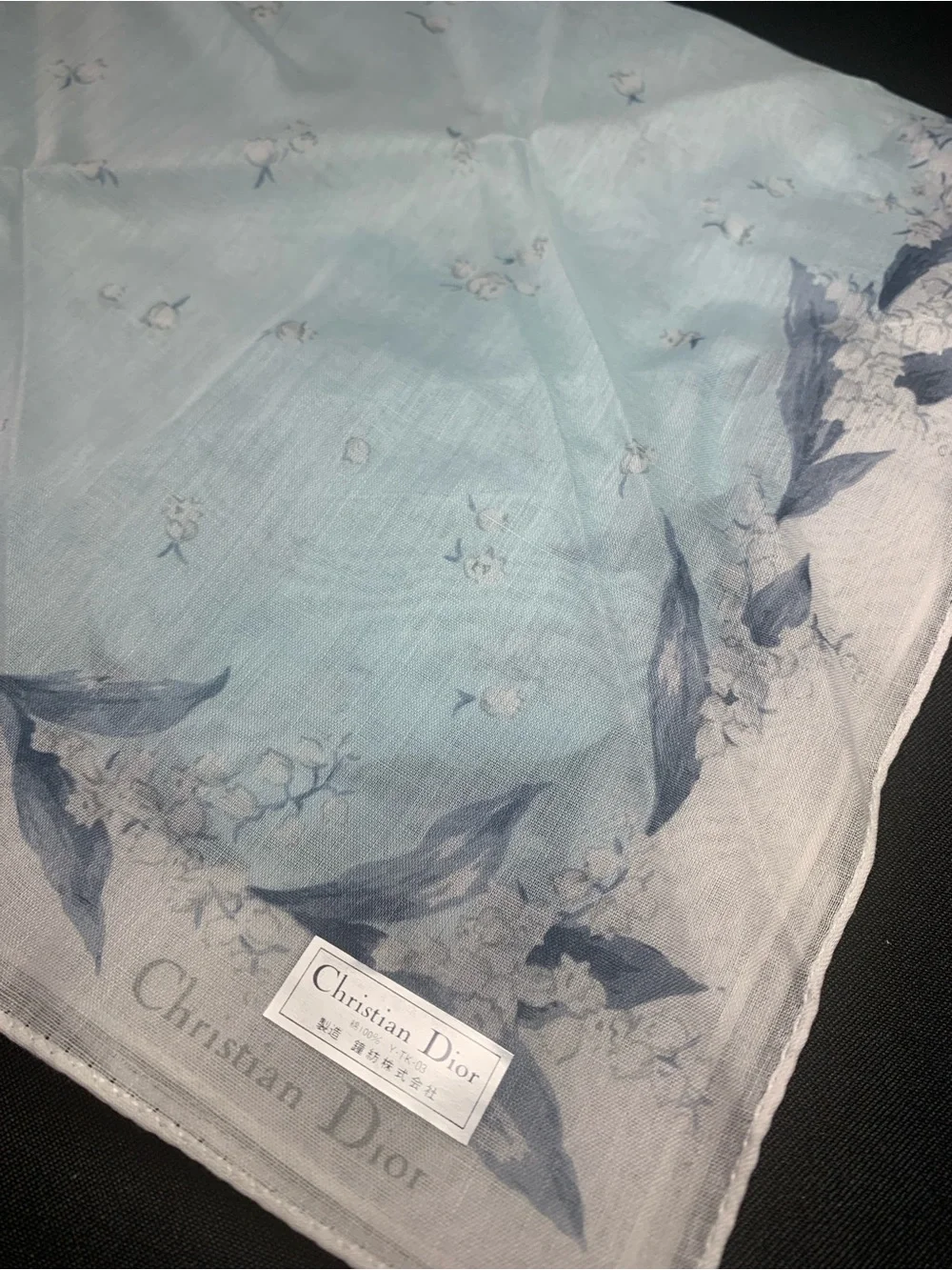 Dior Light Blue and Navy Floral Cotton Mini Scarf